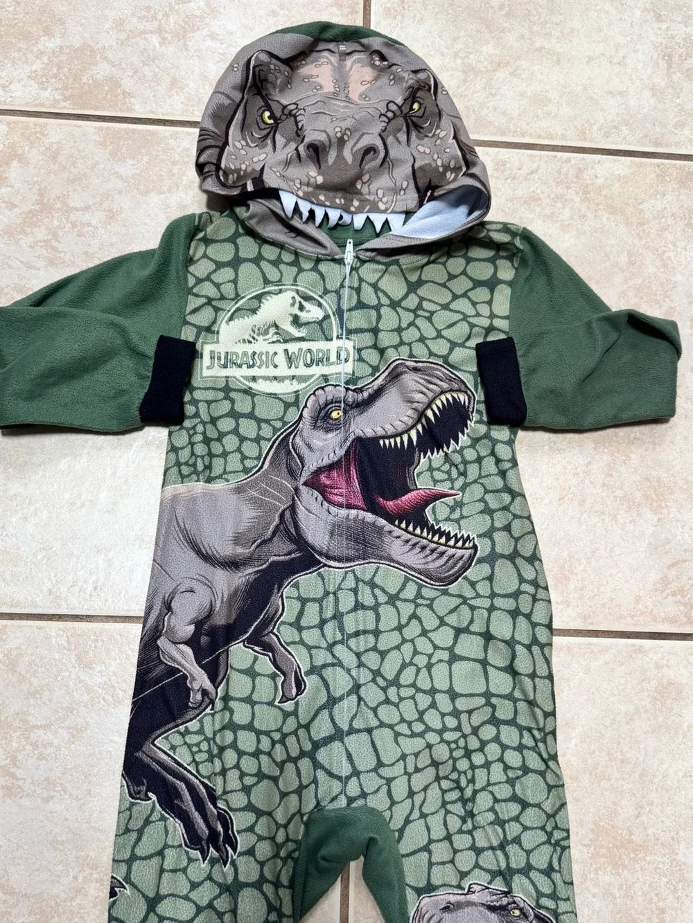 Jurassic World Kids Green Dinosaur Hooded One-Piece Bodysuit with T-Rex Graphic